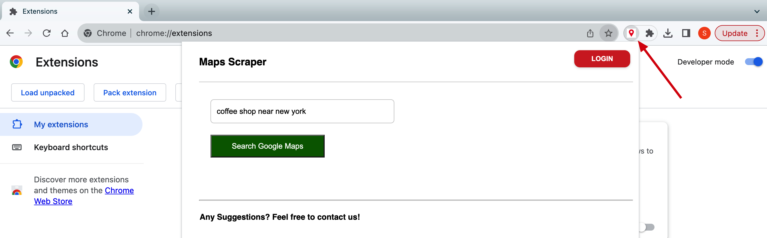 Google Maps Scraper extension interface