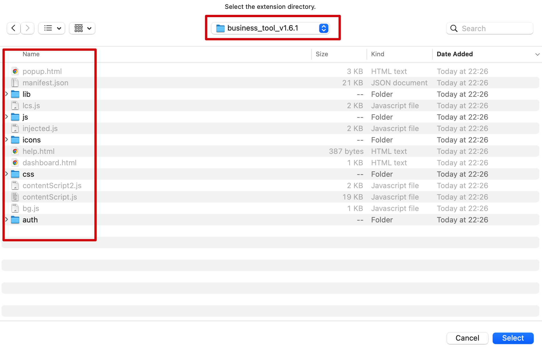 Select the extracted extension folder